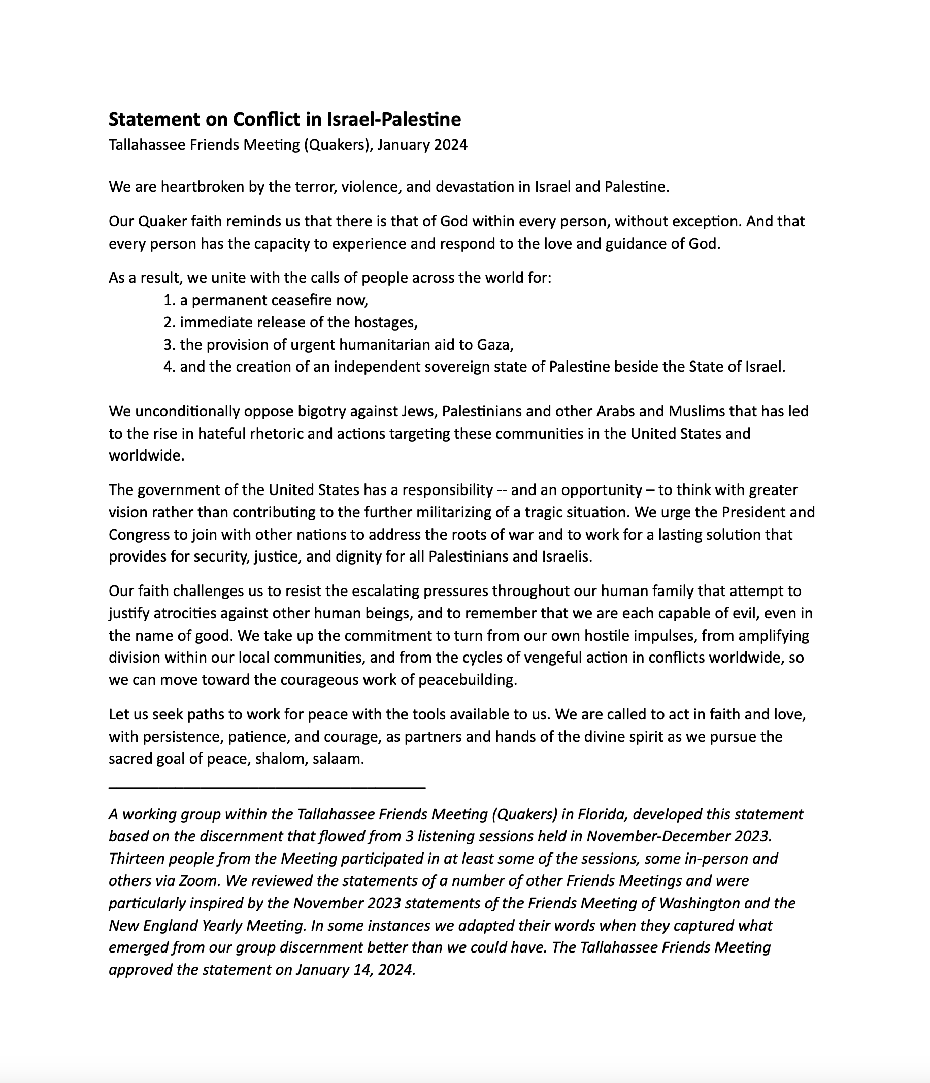 Statement on Conflict in Israel-Palestine